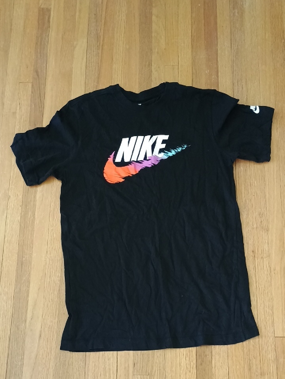 Nike Men’s Black Tee with Orange-Pink-Purple-Blue Gradient Swoosh